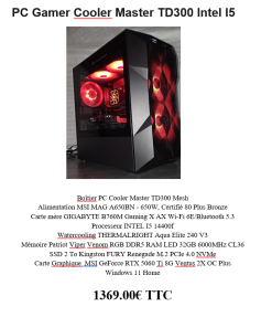 PC Gamer Cooler Master TD300 Boîtier PC Cooler Master TD300 Mesh Alimentation MSI MAG A650BN - 650W, Certifié 80 Plus Bronze Carte mère GIGABYTE B760M Gaming X AX Wi-Fi 6E/Bluetooth 5.3 Processeur INTEL I5 14400f Watercooling THERMALRIGHT Aqua Elite 240 V3 Mémoire Patriot Viper Venom RGB DDR5 RAM LED 32GB 6000MHz CL36 SSD 2 To Kingston FURY Renegade M.2 PCIe 4.0 NVMe Carte Graphique MSI GeForce RTX 5060 Ti 8G Ventus 2X OC Plus Windows 11 Home 1369.00€ TTC, neuf garantie 2 ans.